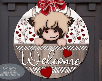 Valentine Door Hanger SVG Laser Cut Files: Floral Highland Cow Welcome Sign SVG, Glowforge