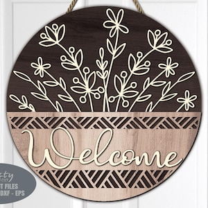 Colgador de puerta floral SVG - Letrero de bienvenida SVG - Archivos cortados con láser - SVG floral - Svg de margarita - Svg de canasta - Letrero de puerta floral - Archivos Glowforge