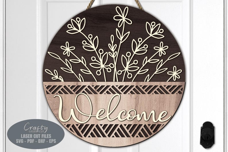 Daisy Door Hanger SVG Laser Cut Files; a Floral Basket Welcome Sign SVG with a bouquet of daisy flowers in a basket for your Glowforge, Xtool and other laser machines.