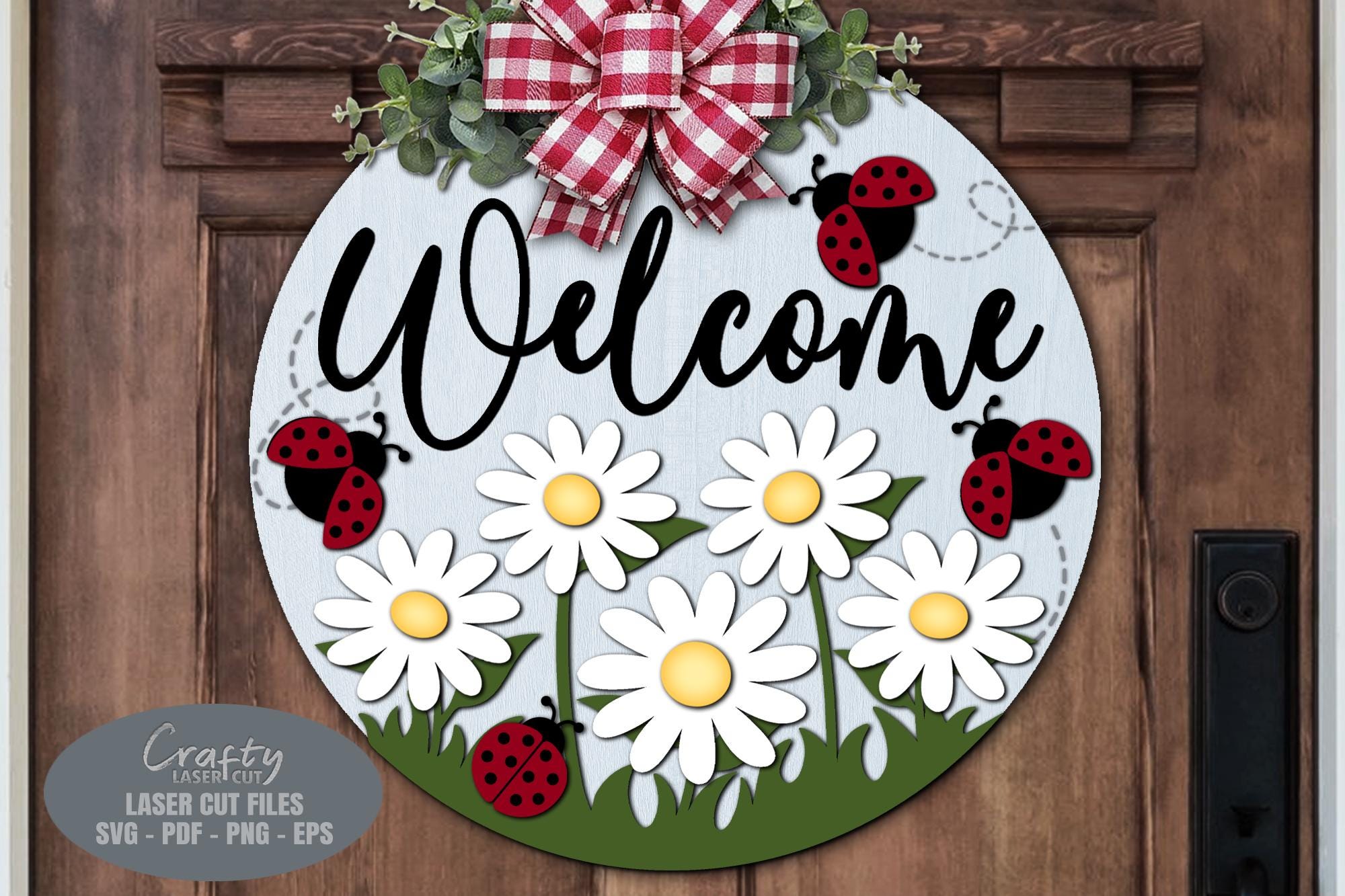 Floral Summer Door Hanger SVG Laser Cut Files: Daisy Ladybug Welcome ...