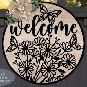 Butterfly Door Hanger SVG - Daisy SVG - Welcome Sign SVG - Laser Cut Files - Butterfly Svg - Floral Door Sign - Glowforge Files