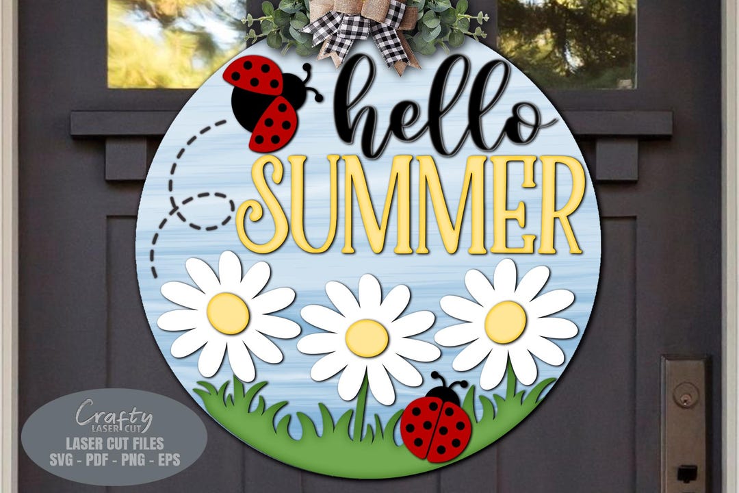 Summer Door Hanger SVG Laser Cut Files: Daisy Ladybug Welcome Sign SVG ...