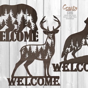 Wildlife Door Hanger SVG - File tagliati al laser - Orso SVG - Buck Svg - Lupo SVG - Segno di benvenuto Svg - Segno della porta della foresta - File Glowforge