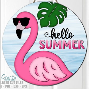 Flamingo Door Hanger SVG - Hello Summer SVG - Glowforge Laser Cut File - Flamingo SVG - Monstera Svg - Welcome Sign Svg - Summer Door Sign