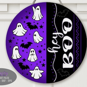 Ghost Door Hanger SVG - Hey Boo SVG - Halloween SVG - Laser Cut Files - Glowforge - Ghost Svg - Welcome Sign Svg - Bats - Ghost Porch Sign