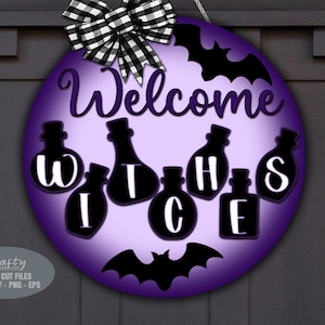Halloween Door Hanger SVG - Witch Welcome Sign SVG - Laser Cut Files - Potion Bottles - Bat - Witch Door Sign - Halloween Decor - Glowforge