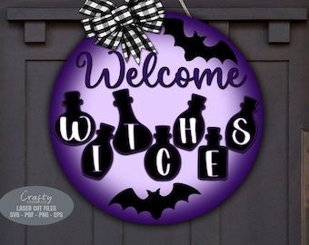 Witch Welcome Sign SVG Laser Cut Files: Halloween Door Hanger SVG, Glowforge