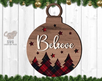 Christmas Tree Ornament SVG - Laser Cut Files - Christmas SVG - Ornament SVG - Believe Svg - Christmas Door Hanger - Glowforge Files