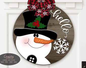 Arquivos SVG para corte a laser de enfeite de porta de Natal: Placa de boas-vindas "Olá, boneco de neve" em SVG