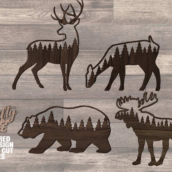 Deer Bear Moose SVG Glowforge Files Bundle - Deer + Bear Svg Wall Sign Laser Cut Files - Moose Forest Dxf Eps Pdf Silhouette Laser Files