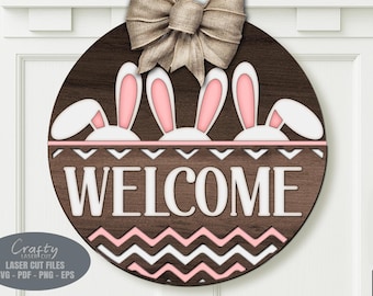 Archivos SVG cortados con láser para colgar puertas de Pascua, letrero de bienvenida con orejas de conejo SVG, Glowforge