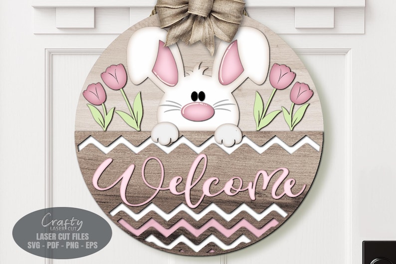 Easter Bunny Door Hanger SVG Laser Cut Files, Tulip Floral Welcome Sign ...