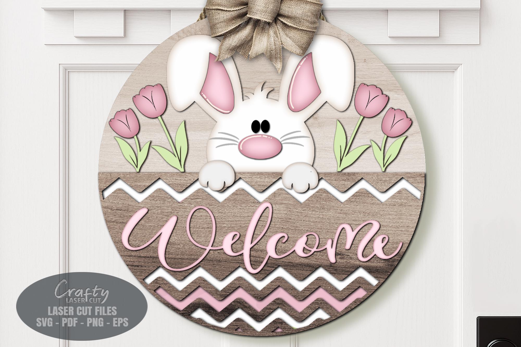 Easter Bunny Door Hanger SVG Laser Cut Files, Tulip Floral Welcome Sign ...