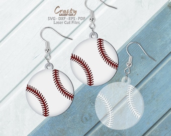 May include: A pair of white baseball-themed earrings with red stitching. The earrings are hanging from silver hooks.
