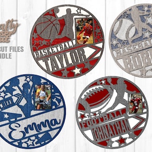 Monogram Sports SVG Bundle - Baseball - Basketball - Football - Glowforge Files - Laser Cut Files - Photo Frame - 4 Sports Round Sign