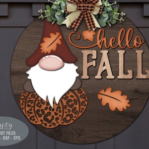 Gnome Hello Fall Door Hanger SVG: Pumpkin Welcome Sign SVG (Laser Cut Files)