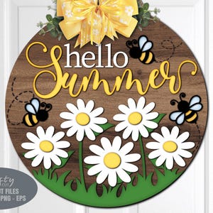 Colgador de puerta de verano SVG - Margarita SVG - Letrero de bienvenida de abeja SVG - Archivos cortados con láser - Verano Svg - Abeja Svg - Letrero floral para puerta - Archivo Glowforge