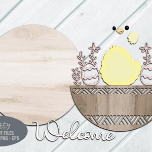 Easter Door Hanger SVG - Easter Egg - Welcome Sign SVG - Chick SVG - Laser Cut Files - Basket - Daisy - Floral Easter Sign - Glowforge Files - Easter Decor - Easter Door Sign SVG - round door hanger - Cnc files
