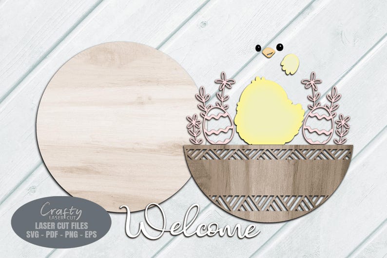 Easter Door Hanger SVG - Easter Egg - Welcome Sign SVG - Chick SVG - Laser Cut Files - Basket - Daisy - Floral Easter Sign - Glowforge Files - Easter Decor - Easter Door Sign SVG - round door hanger - Cnc files
