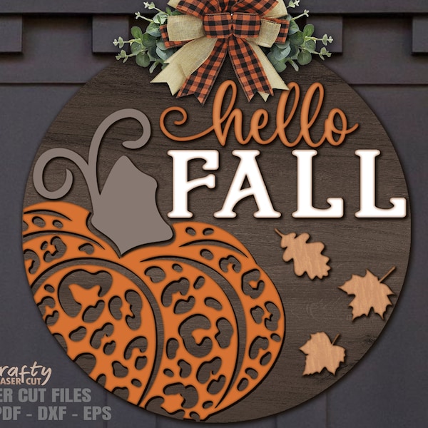 Fall Door Hanger SVG - Hello Fall SVG - Glowforge Laser Cut Files - Leopard Print Svg - Pumpkin Svg - Welcome Sign Svg - Fall Door Sign