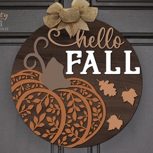 Accrocheur de porte automne bonjour SVG - citrouille SVG - fichiers découpés au laser - plaque de porte automne - panneau de bienvenue Svg - accroche-porte citrouille Svg - fichiers Glowforge