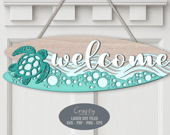 Beach Door Hanger SVG Laser Cut Files, Sea Turtle Welcome Sign SVG, Surfboard Door Sign, Glowforge Files, xTool