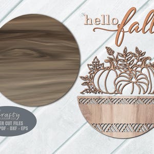 A Pumpkin Sign SVG Laser Cut File with a Hello Fall Welcome Sign SVG theme including a trio of pumpkins and fall leaves in a basket for use with your Glowforge, XTool and other laser machines.