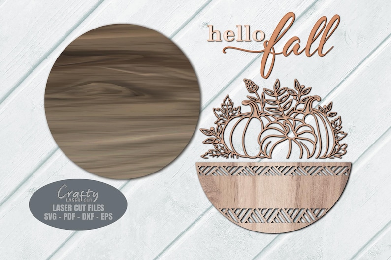A Pumpkin Sign SVG Laser Cut File with a Hello Fall Welcome Sign SVG theme including a trio of pumpkins and fall leaves in a basket for use with your Glowforge, XTool and other laser machines.