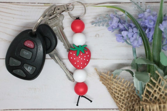 Strawberry Silicone Beaded Keychain, Fruit Keychain, Strawberry