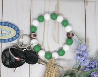 Green & White Football Silicone Wristlet, Football Wristlet, Silicone Beaded Wristlet, Wristlet Keychain, Beaded Wristlet, Football Keychain