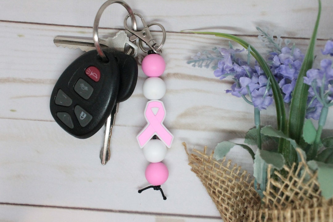 Breast Cancer Ribbon Awareness Silicone Beaded Keychain, Silicone ...