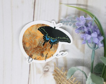 Be Free Sticker, Butterfly Sticker, Moon Sticker, Laptop Decal, Laptop Sticker, Flower Sticker, Be Free with Butterfly, Inspirational