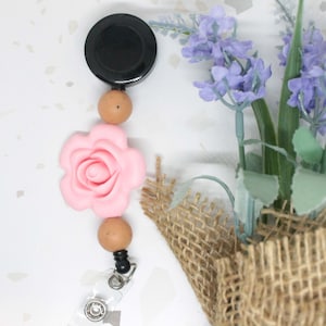 Pink Rose Badge Reel, Retractable Badge Reel, Teacher Badge Reel, Silicone Beaded Badge Reel, Nurse Badge Reel, Retractable Badge
