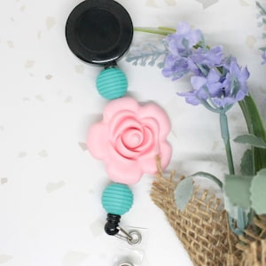 Pink Rose Badge Reel, Retractable Badge Reel, Teacher Badge Reel, Silicone Beaded Badge Reel, Nurse Badge Reel, Retractable Badge
