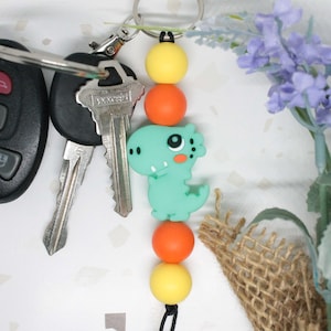Mint Dinosaur Silicone Beaded Keychain, Dinosaur Keychain, T-Rex Keychain, T-Rex Gifts, Dinosaur Gifts, Keychains for Kids, Children Keychai