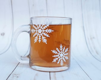 Snowflake Mug, Snowflake Coffee Mug, Clear Coffee Mug, Christmas Mug, Christmas Gifts, Holiday Mug, Tea Mug, Winter Mug, Glass Mug