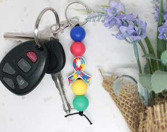 Autism Awareness Ribbon Silicone Beaded Keychain, Autism Acceptance Keychain, Autism Keychain, Autism Puzzle Piece Keychain, Puzzle Keychain