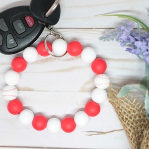Baseball Beaded Wristlet, Red & White Wristlet, Silicone Beaded Wristlet, Wristlet Keychain, Beaded Wristlet, Wristlet, Baseball Wristlet