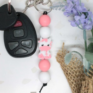 Strawberry Cow Silicone Beaded Keychain, Cow Keychain, Silicone Keychain, Beaded Keychain, Backpack Keychain, Cow Gift, Women Keychain