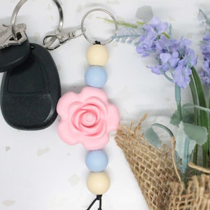 Large Pink Rose Silicone Beaded Keychain, Floral Keychain, Flower Keychain, Plant Keychain, Gifts for Her, Gifts for Mom, Cute Keychain