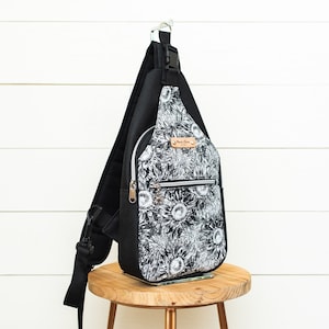 Women Black Waterproof Canvas & Cotton Floral Sling, Chest Bag, Backpack Purse, Daily Sling Pack for Women, Travel Crossbody Bag