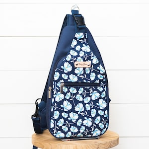 Women Navy Blue Waterproof Canvas & Floral Fabric Sling Backpack, Chest Bag, Backpack Purse, Sling Pack for Women, Travel Crossbody Bag