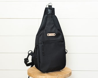 Men Black Waterproof Canvas Sling Bag, Shoulder Bag, Daily Sling Pack for Men, Travel Crossbody, Chest Bag, Gift for Him, Handsfree Sling