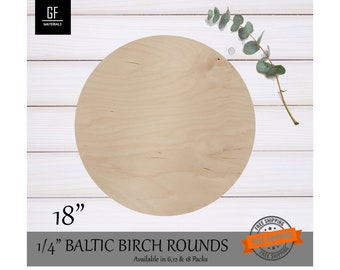 May include: An 18 inch diameter, 1/4 inch thick Baltic birch wood round. The round is light brown and has a smooth surface. It is available in packs of 6, 12, and 18.