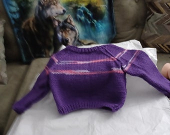 Child's Hand Knitted Sweater, Purple with lavender stripes, size 12-18 months