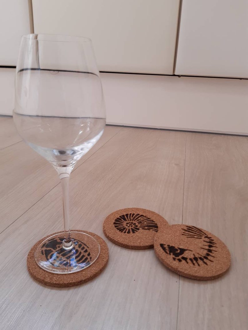 Woodburned fossil coaster set parents gift cork coasters house warming gift nature coasters prehistoric theme pyrography coasters