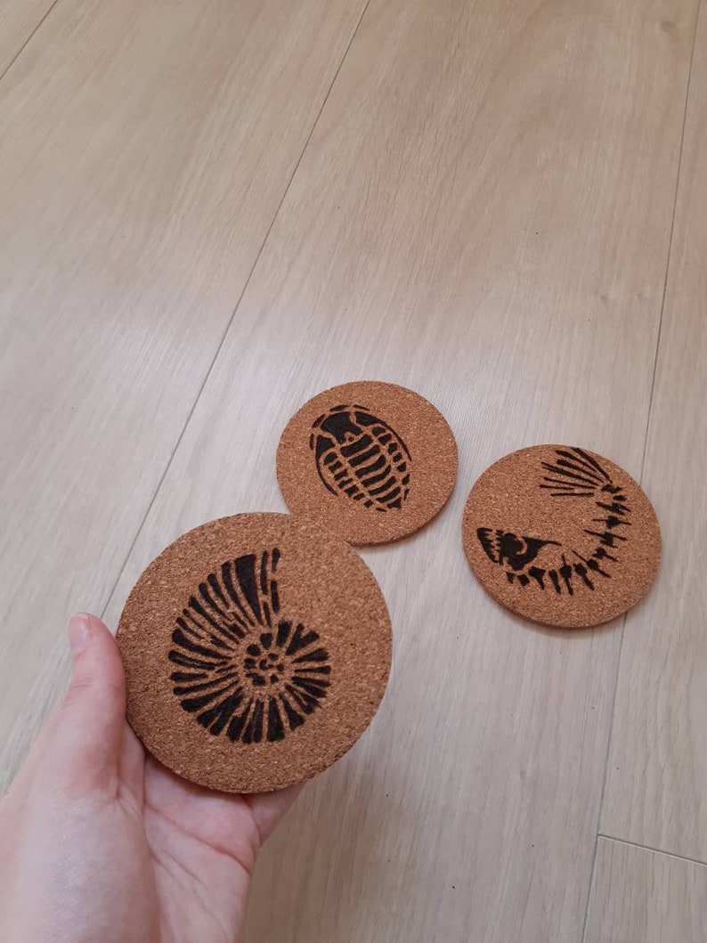 Woodburned fossil coaster set parents gift cork coasters house warming gift nature coasters prehistoric theme pyrography coasters