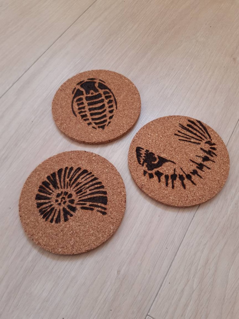 Woodburned fossil coaster set parents gift cork coasters house warming gift nature coasters prehistoric theme pyrography coasters