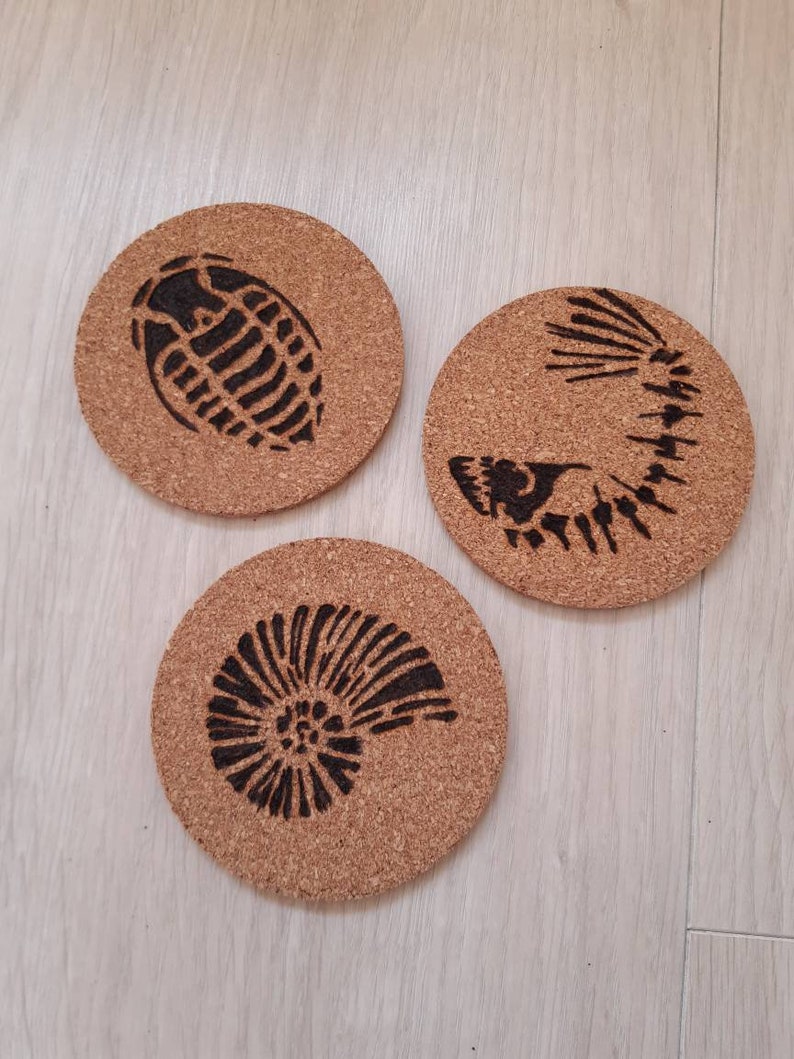 Woodburned fossil coaster set parents gift cork coasters house warming gift nature coasters prehistoric theme pyrography coasters