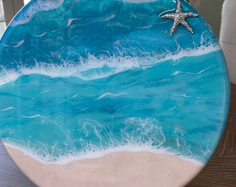 Ocean Wave Lazy Susan, Rhinestone Starfish, Revolving Tray, Beach Wave Lazy Susan, Beach Wave Art, Beach Decor, Resin Lazy Susan, Fast Ship